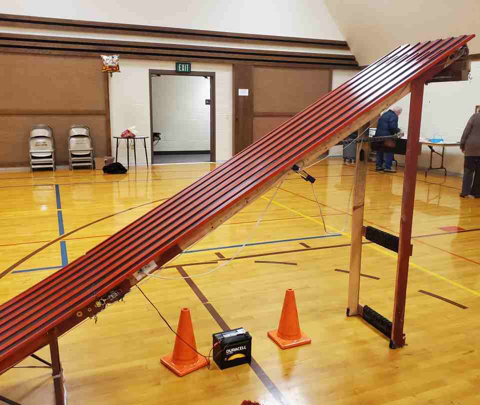 Pinewood Derby Race Track Six foot drop is triggered with a solenoid switch